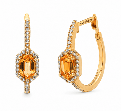 Geometric Citrine and Diamond Hoop Earrings