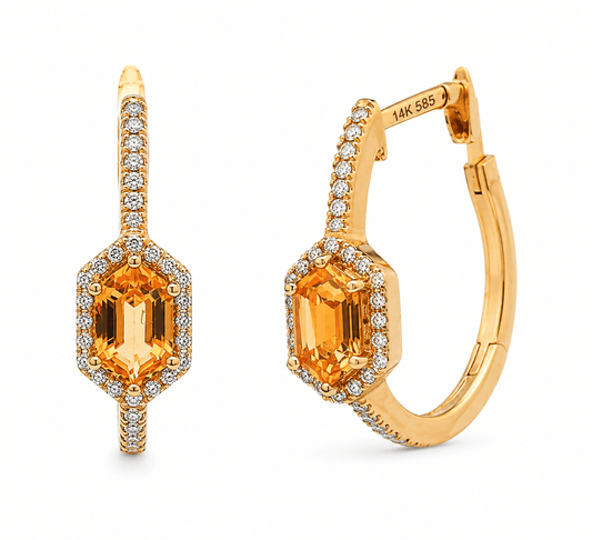 Geometric Citrine and Diamond Hoop Earrings