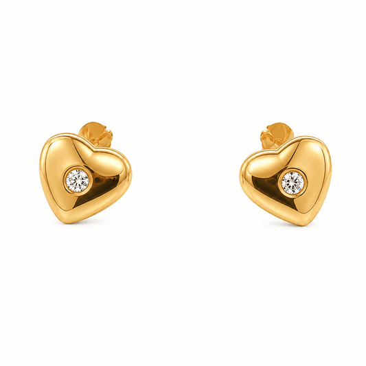 18K Yellow Gold Puff Heart CZ Earrings