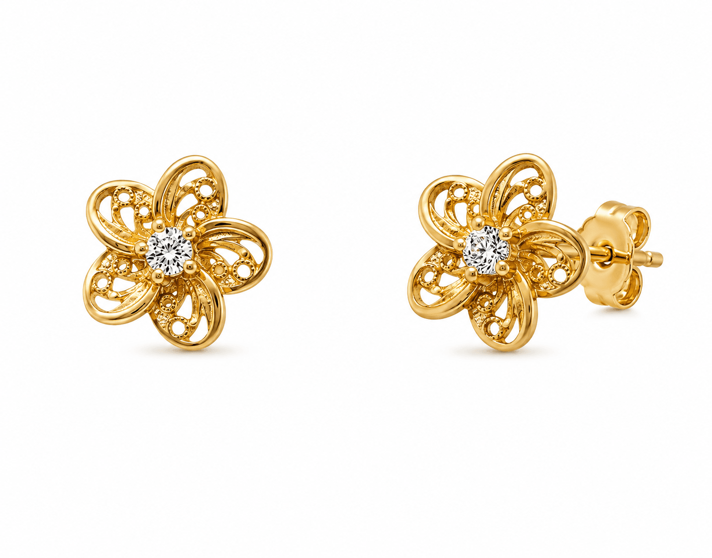 14K Yellow Gold Child Flower Earrings with Cubic Zirconia