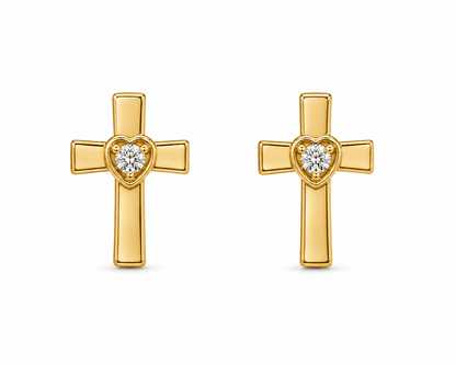 Children's Cross Earrings with Heart & Cubic Zirconia