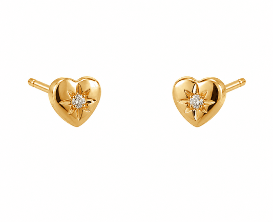 14K Yellow Gold Heart Diamond Stud Earrings