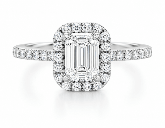 18K White Gold Emerald Cut Diamond Halo Engagement Ring