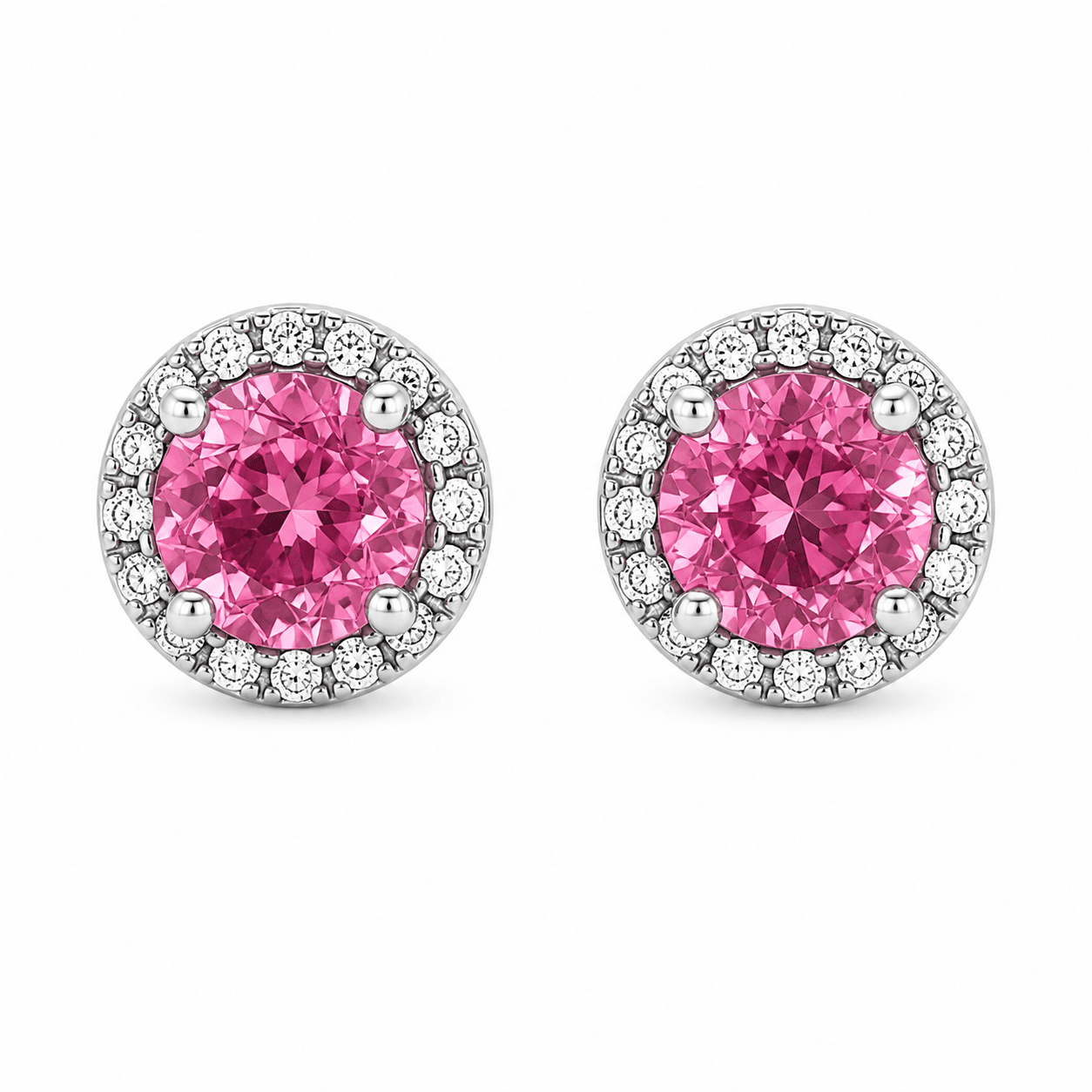 Pink Topaz and Diamond Halo Stud Earrings