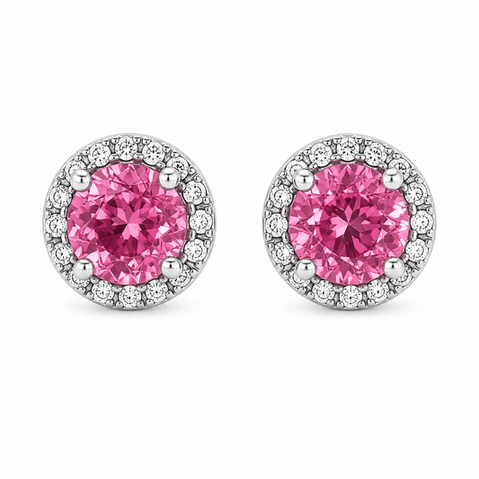 Pink Topaz and Diamond Halo Stud Earrings