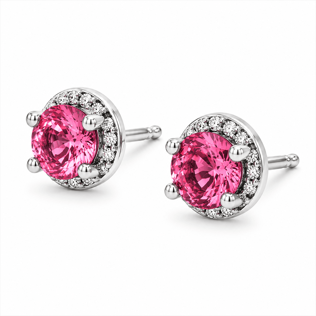 Pink Topaz and Diamond Halo Stud Earrings