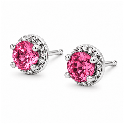 Pink Topaz and Diamond Halo Stud Earrings
