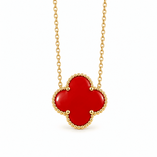 14K Yellow Gold Red Stone Clover Necklace