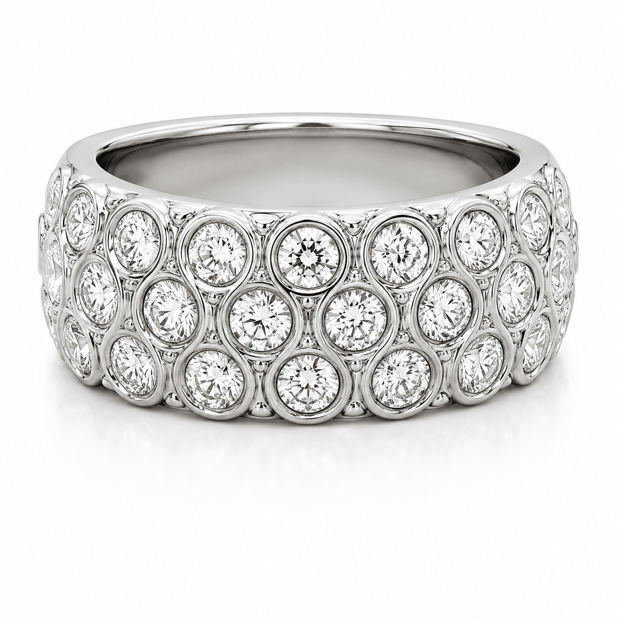 14K White Gold 3-Row Diamond Band