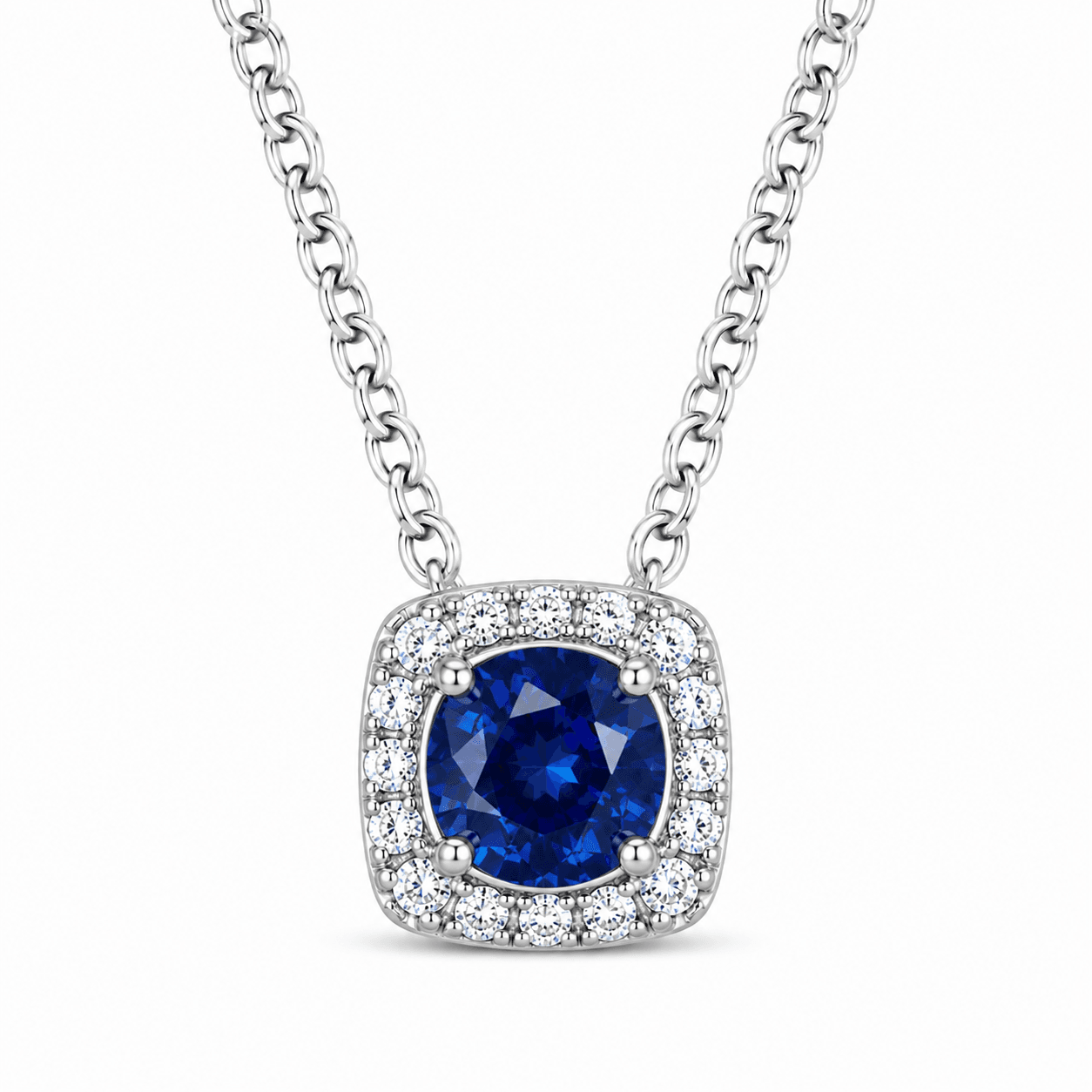 14K White Gold Cushion Halo Sapphire Pendant