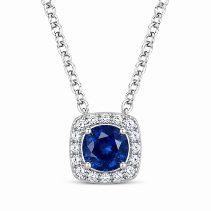 14K White Gold Cushion Halo Sapphire Pendant