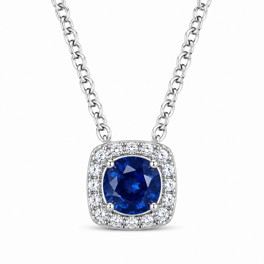14K White Gold Cushion Halo Sapphire Pendant