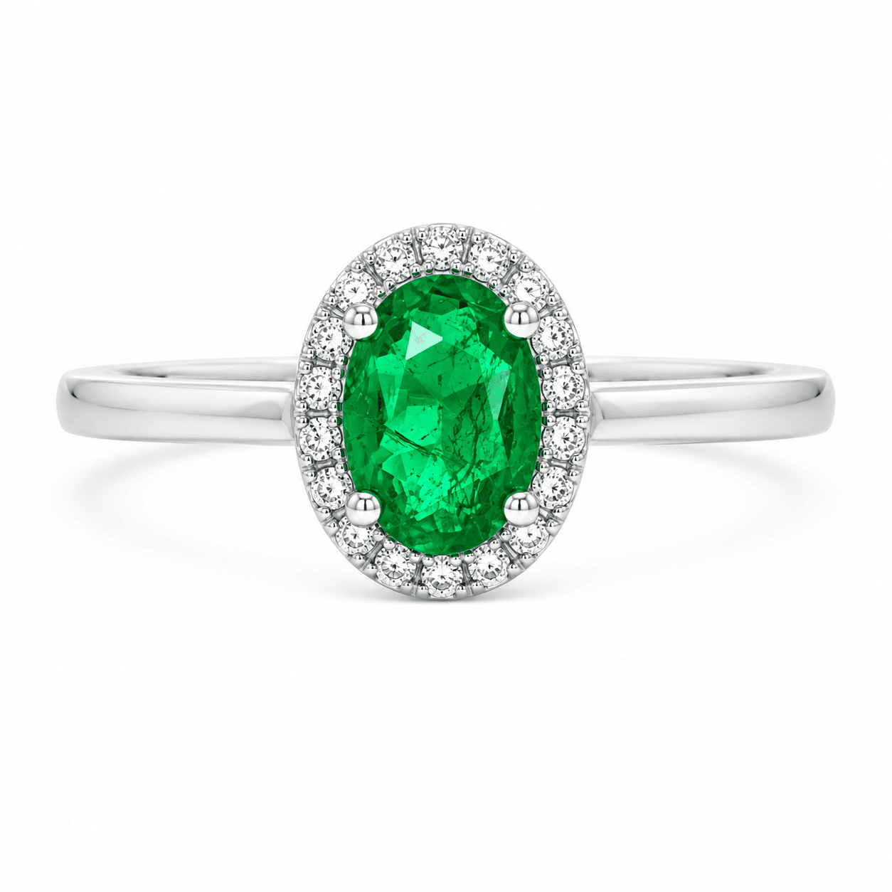 18K White Gold Oval Emerald Diamond Halo Ring