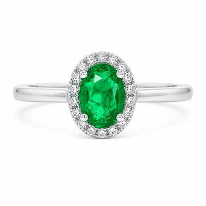 18K White Gold Oval Emerald Diamond Halo Ring