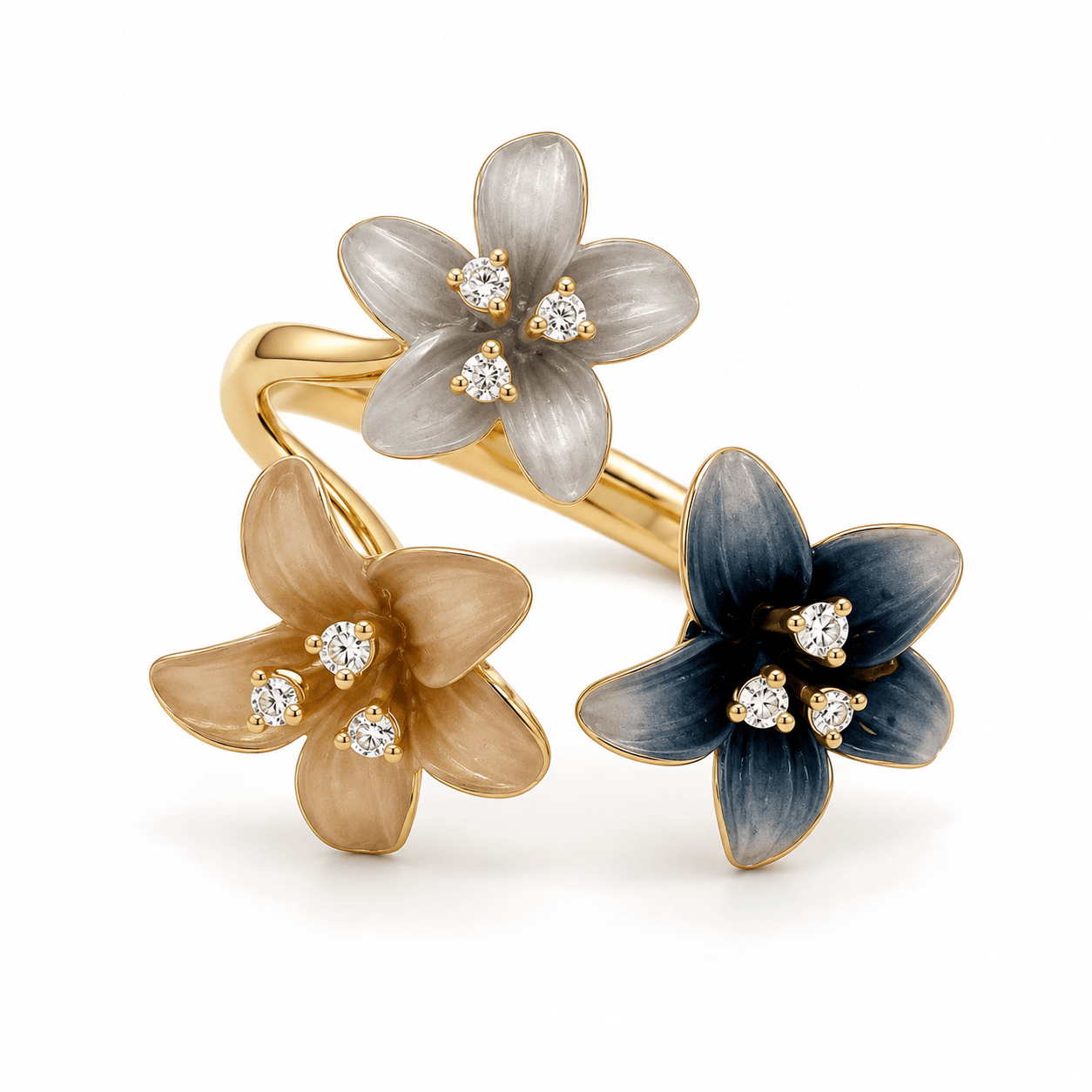 18K Gold Diamond Tri-Flower Fashion Ring