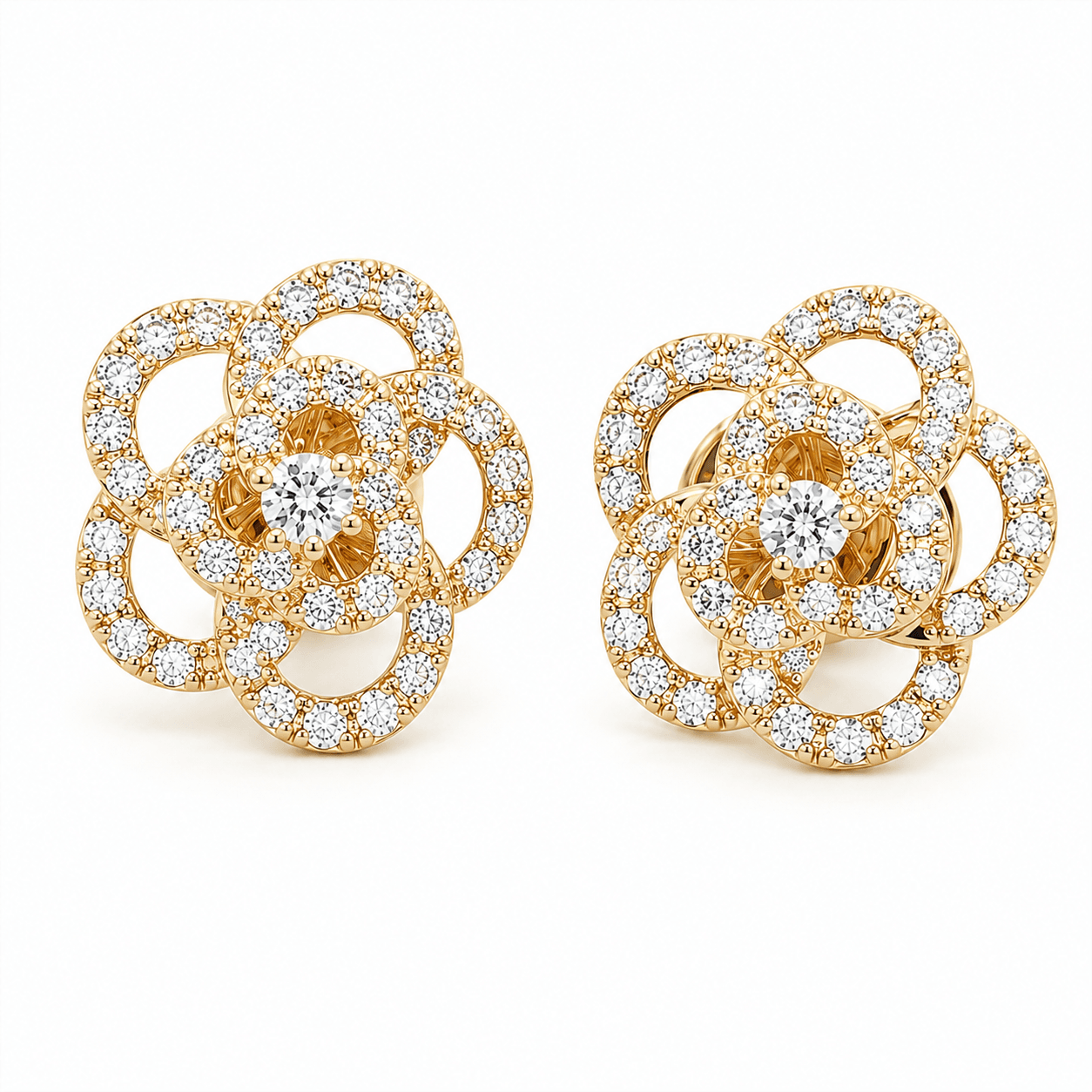 18K Yellow Gold Diamond Flower Earrings