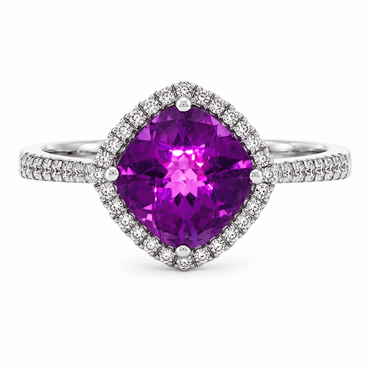 Cushion Amethyst and Diamond Halo Ring