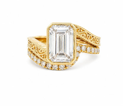 14K YG EM DIA FILLIGREE WRAP ENGAGEMENT RING WITH DIA CONTOUR BAND