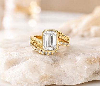14K YG EM DIA FILLIGREE WRAP ENGAGEMENT RING WITH DIA CONTOUR BAND