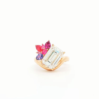 14K YG DIA EM WITH MULTI-COLOR SAPH ENG RING