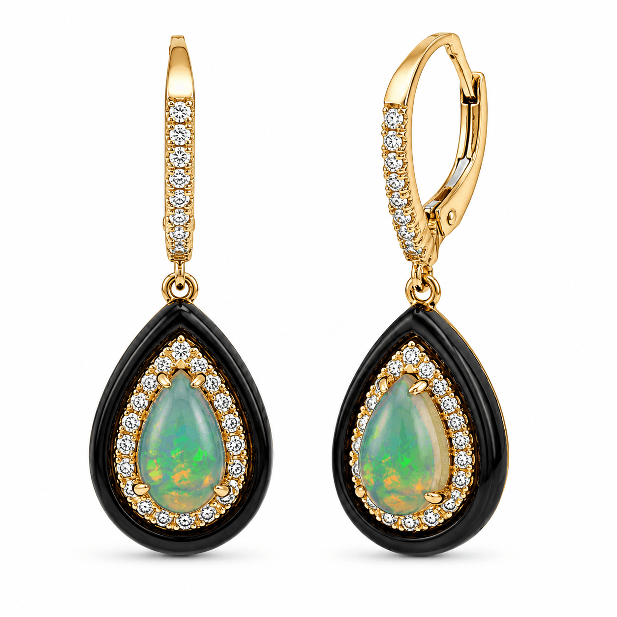 Opal and Diamond Pear-Shaped Double Halo Drop Earrings with Black Enamel