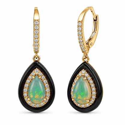 Opal and Diamond Pear-Shaped Double Halo Drop Earrings with Black Enamel
