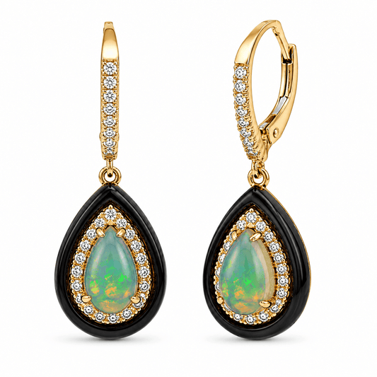 Opal and Diamond Pear-Shaped Double Halo Drop Earrings with Black Enamel