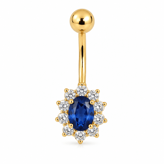 Oval Sapphire & CZ Halo Belly Piercing