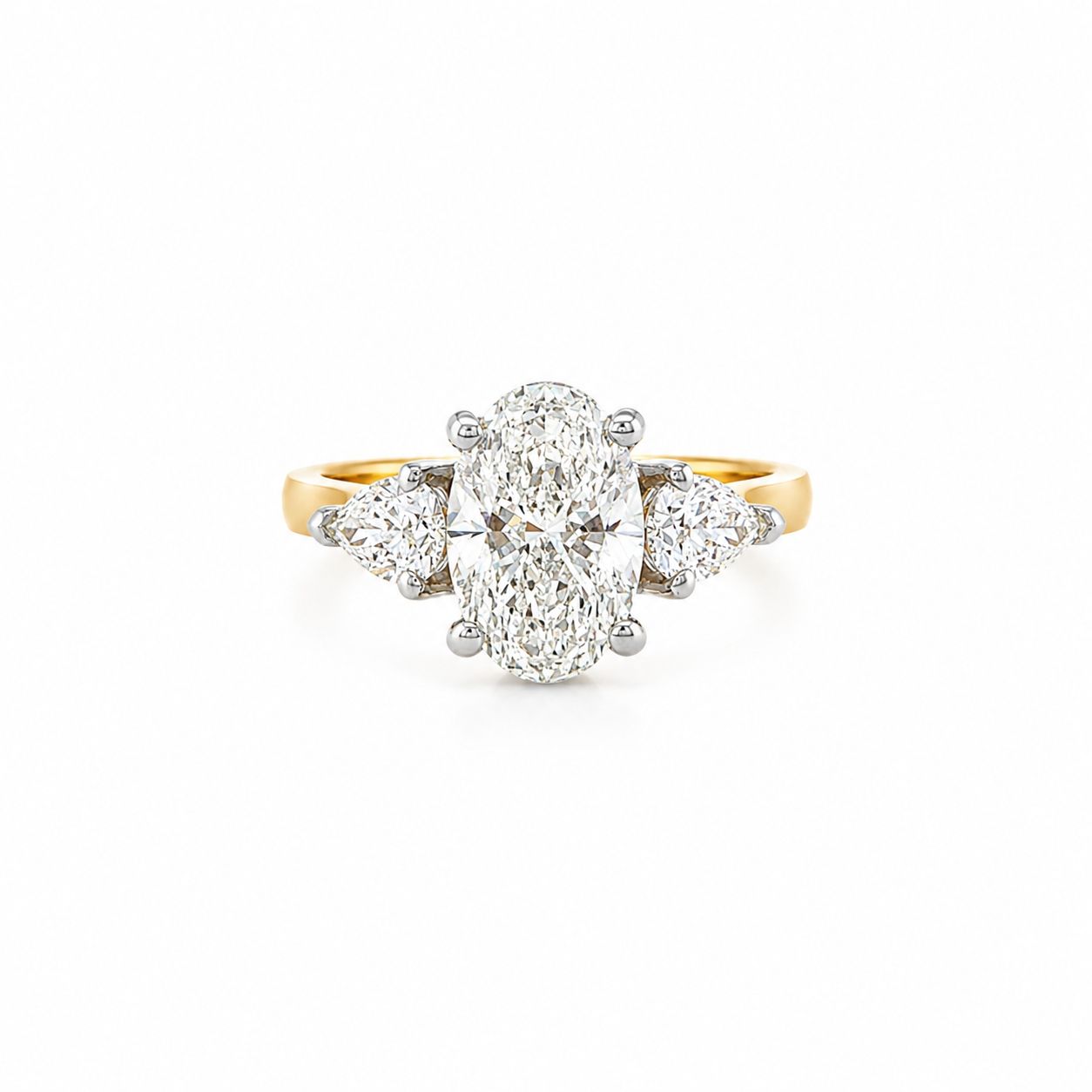 14k YG Oval Dia Engagement Ring with Pear Side Stones and Hidden Halo