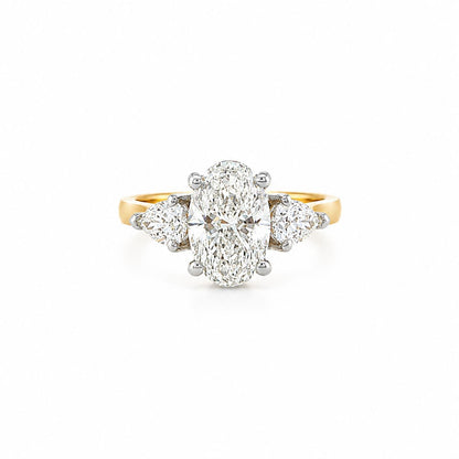 14k YG Oval Dia Engagement Ring with Pear Side Stones and Hidden Halo
