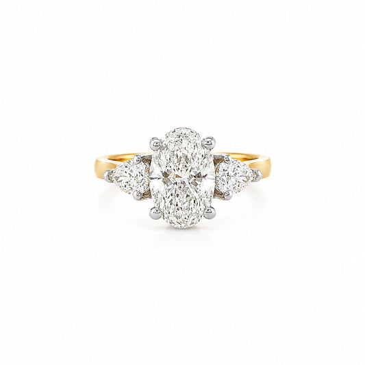 14k YG Oval Dia Engagement Ring with Pear Side Stones and Hidden Halo