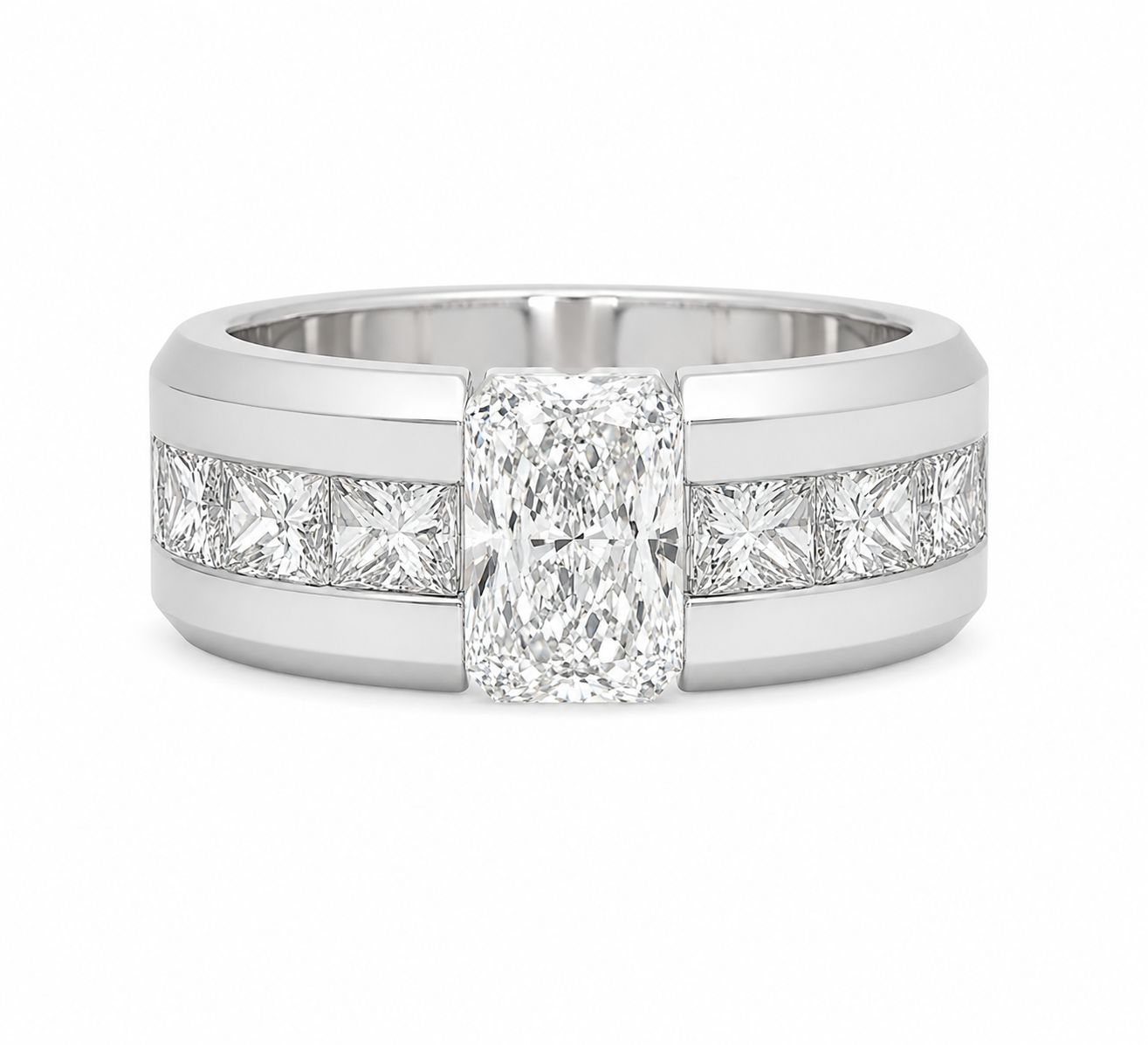 14K WG DIA RADIANT WITH PRINCESS SIDE STONES MENS WEDDING BAND