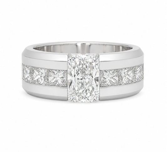 14K WG DIA RADIANT WITH PRINCESS SIDE STONES MENS WEDDING BAND