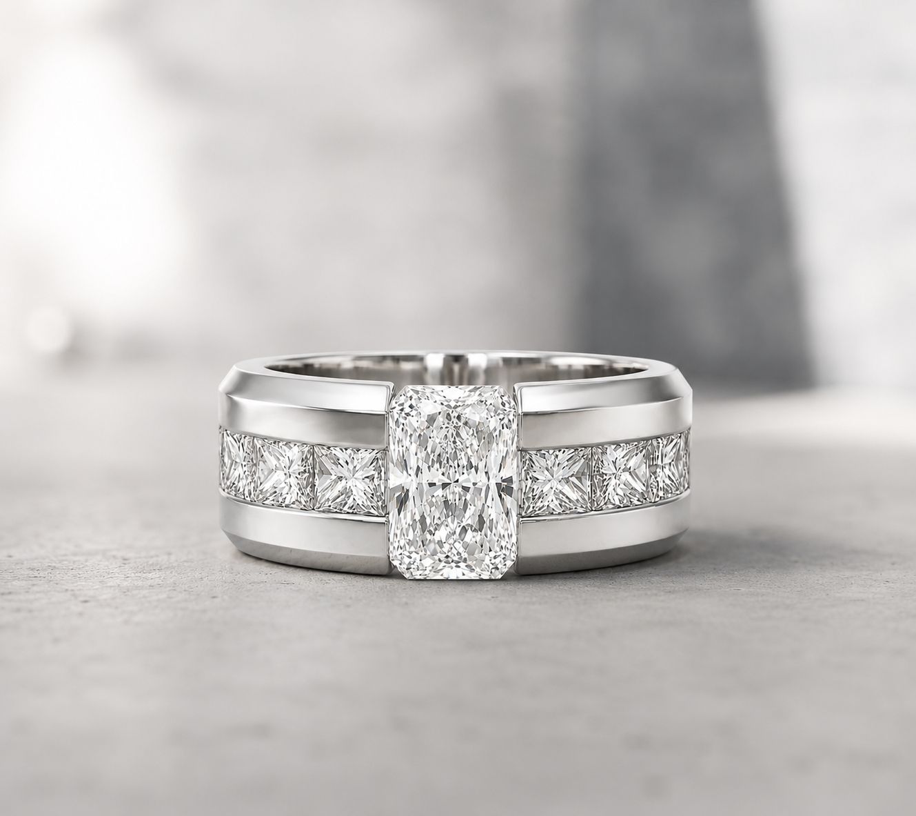 14K WG DIA RADIANT WITH PRINCESS SIDE STONES MENS WEDDING BAND