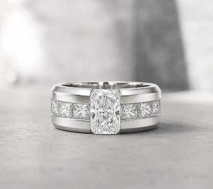 14K WG DIA RADIANT WITH PRINCESS SIDE STONES MENS WEDDING BAND