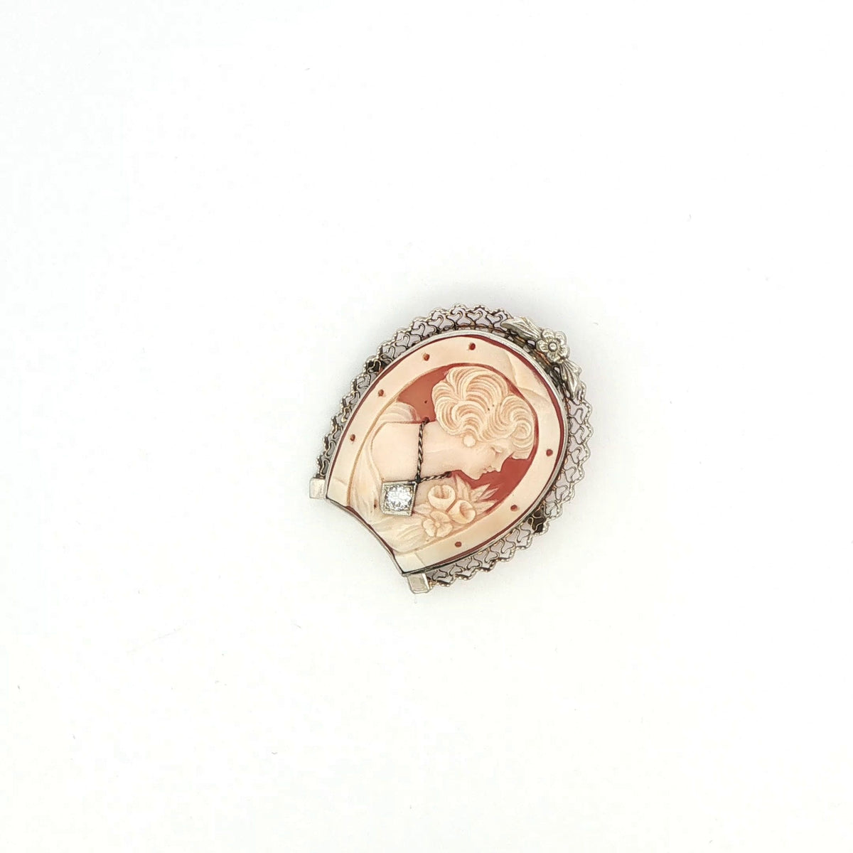 14K White Gold Shell Cameo Brooch Pin