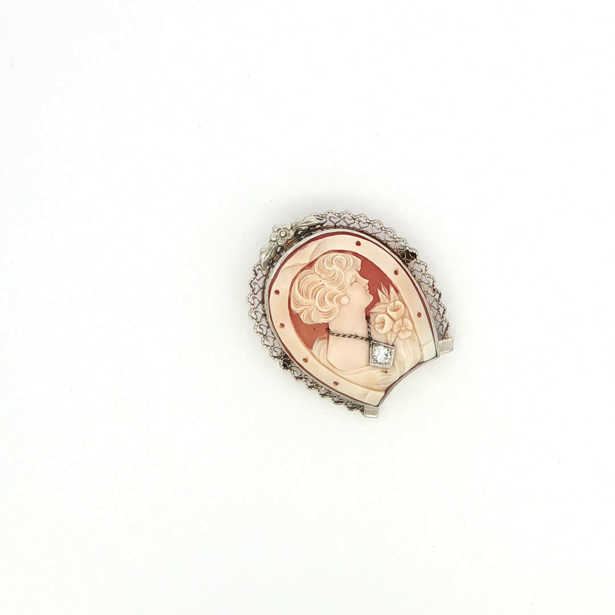 14K White Gold Shell Cameo Brooch Pin