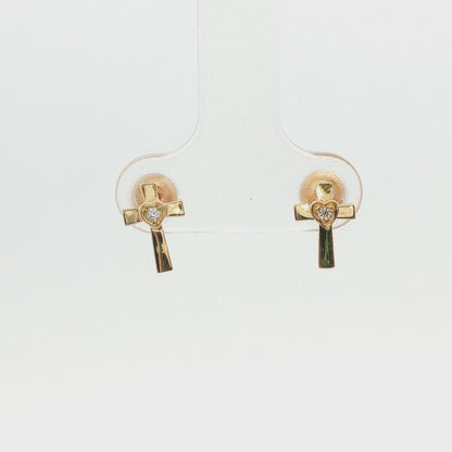 Children's Cross Earrings with Heart & Cubic Zirconia
