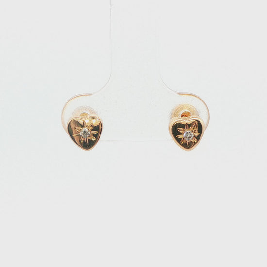 14K Yellow Gold Heart Diamond Stud Earrings