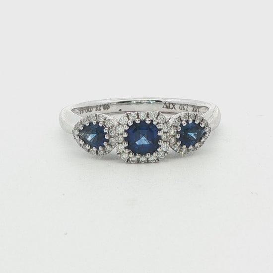 18K WG 3 STONE SAPPHIRE RING .78 TGW .13 TDW