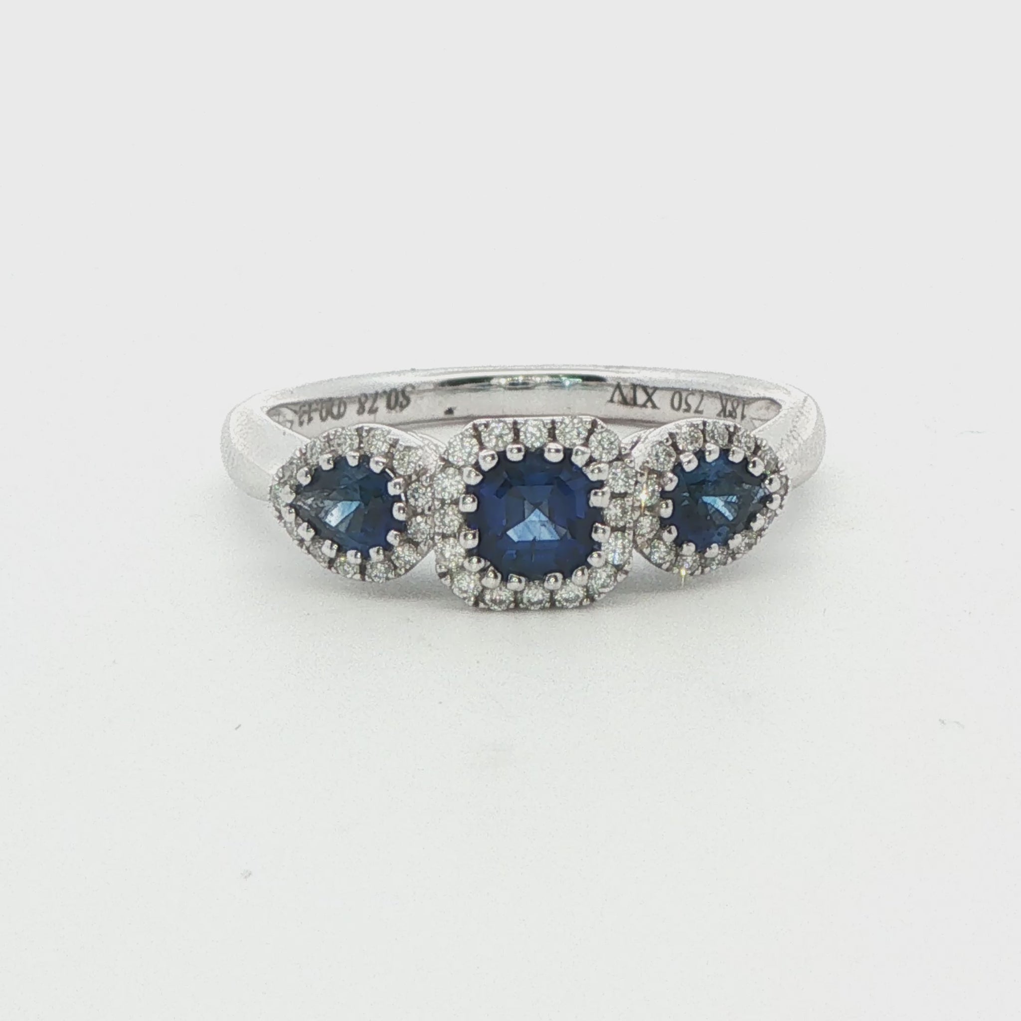18K WG 3 STONE SAPPHIRE RING .78 TGW .13 TDW