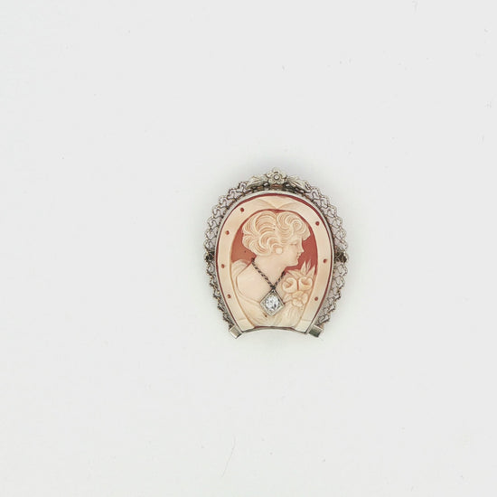ESTATE 14K WG DIA ACCENT SHELL CAMEO BROACH PIN 