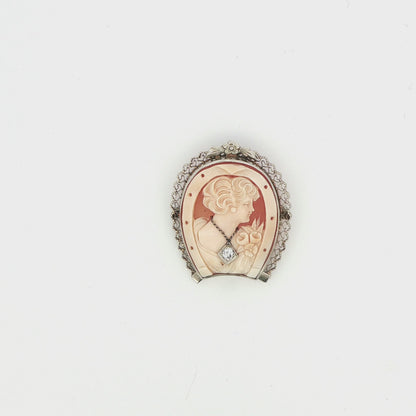 ESTATE 14K WG DIA ACCENT SHELL CAMEO BROACH PIN 