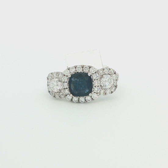 18K White Gold 3-Stone Halo Diamond Sapphire Ring