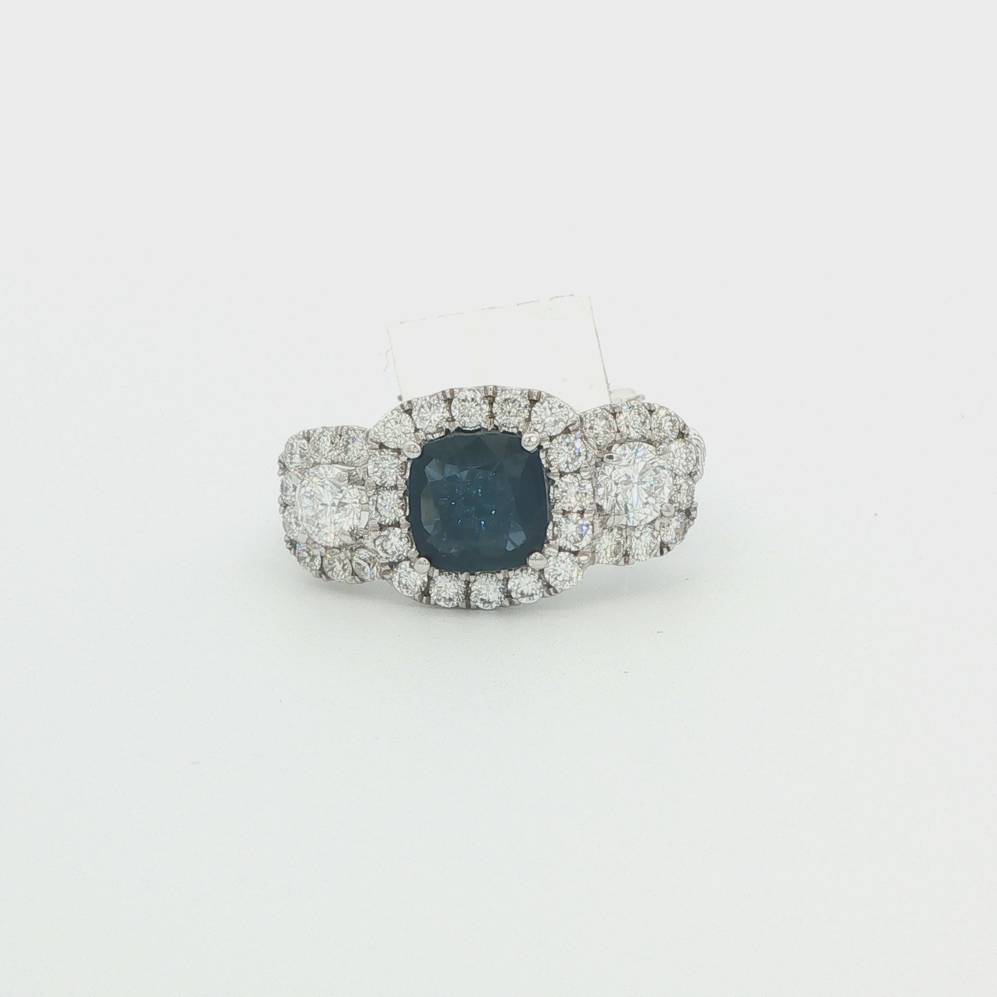 18K White Gold 3-Stone Halo Diamond Sapphire Ring
