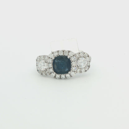 18K White Gold 3-Stone Halo Diamond Sapphire Ring