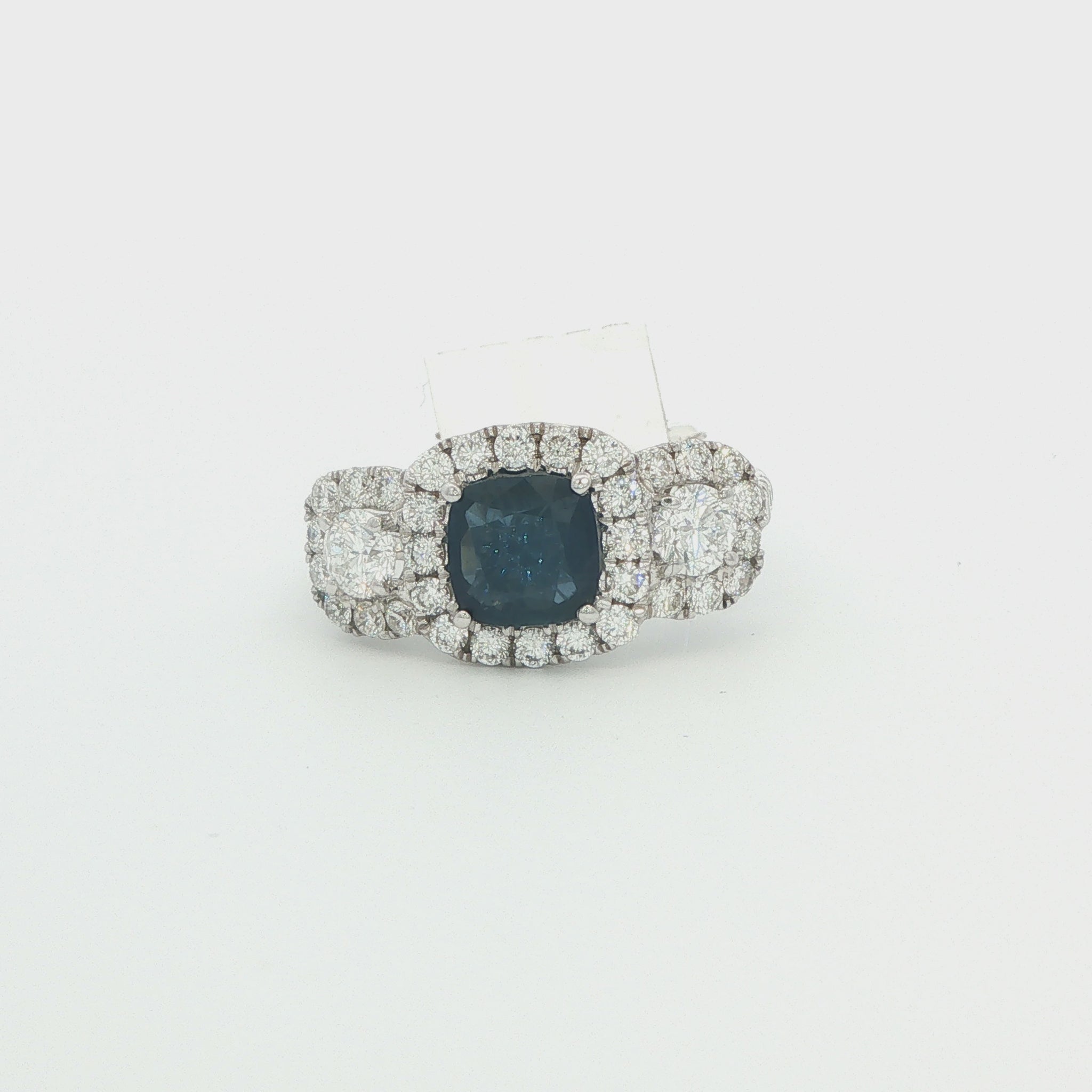 18K White Gold 3-Stone Halo Diamond Sapphire Ring