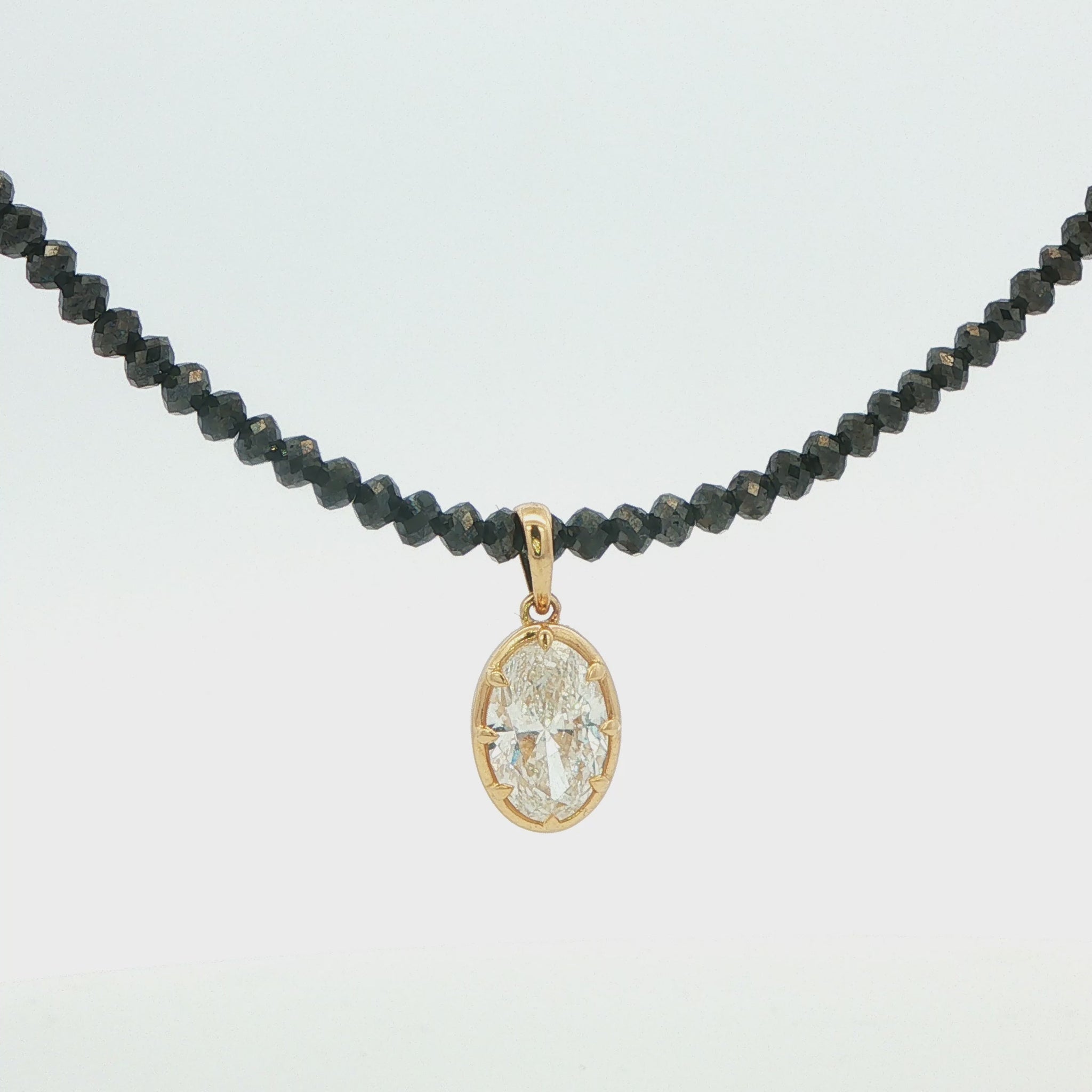 Black Diamond Bead Necklace with Oval Lab-Grown Diamond Pendant
