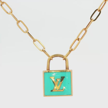 14K YG PAPER CLIP W LV INSPO LOCK CHAIN BLUE 6.7G