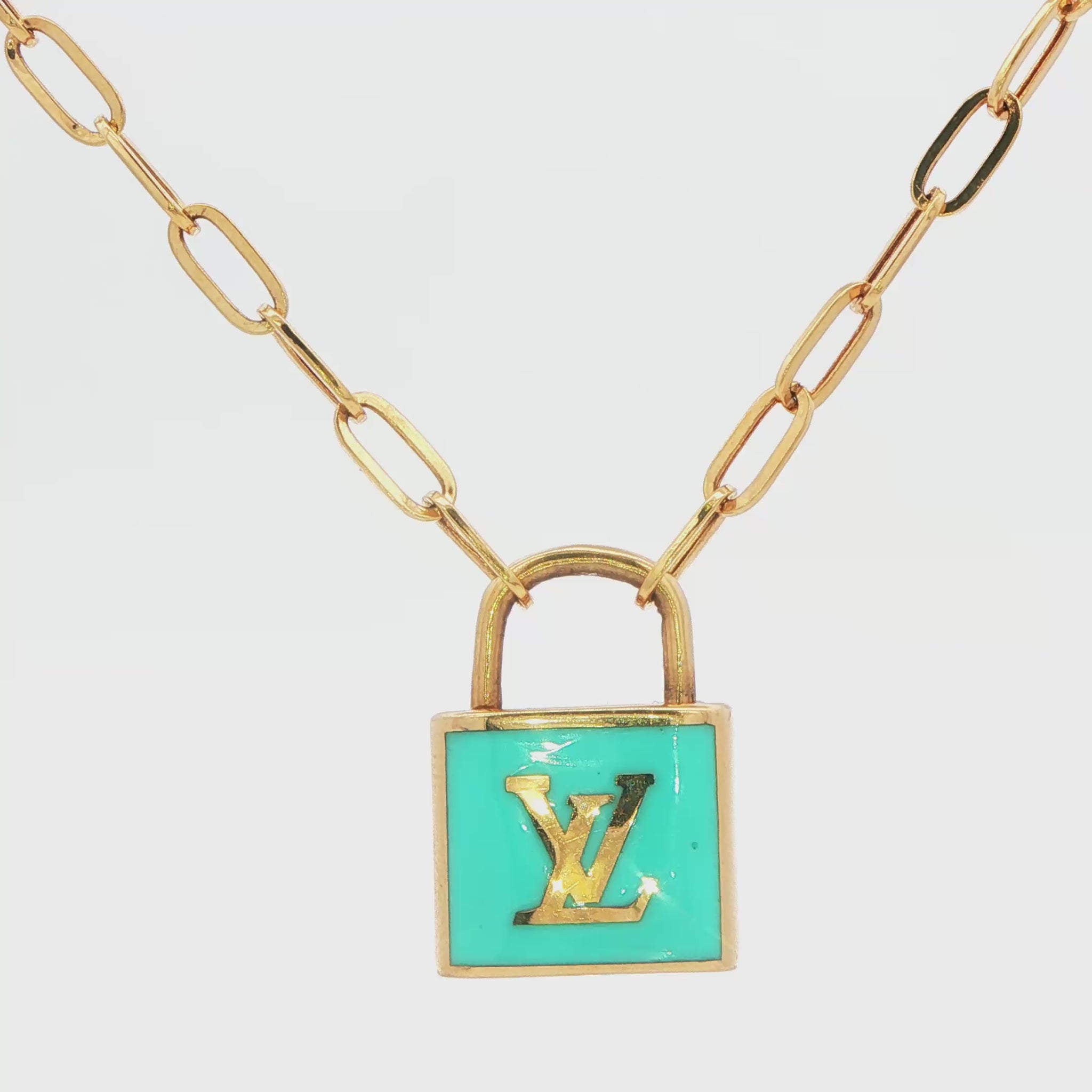 14K YG PAPER CLIP W LV INSPO LOCK CHAIN BLUE 6.7G